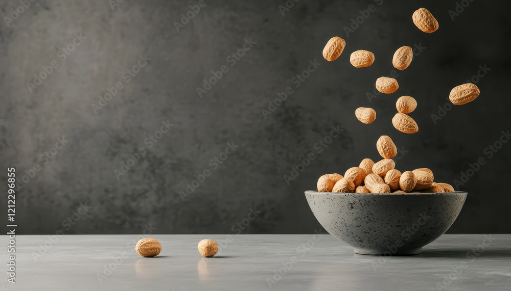 Aufkleber falling peanuts in slow motion above bowl, creating dynamic and playful scene. textured background e
