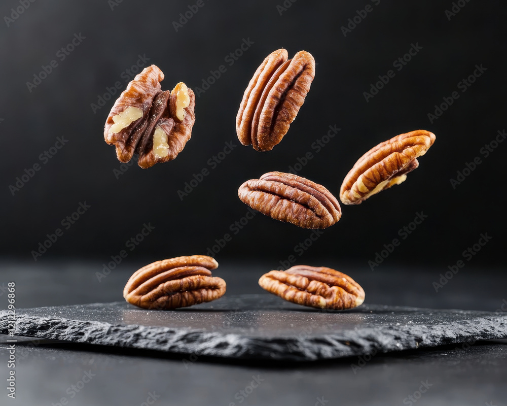 Poster pecan nuts artistically bouncing off dark slate surface, creating dynamic and visually appealing sce