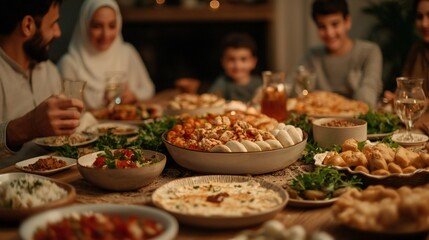 Ramadan Kareem Ramadan Mubarak Ramadan Concept Family Gathering Delicious Middle Eastern Dinner Festive Table Warm Lighting Abundant Food