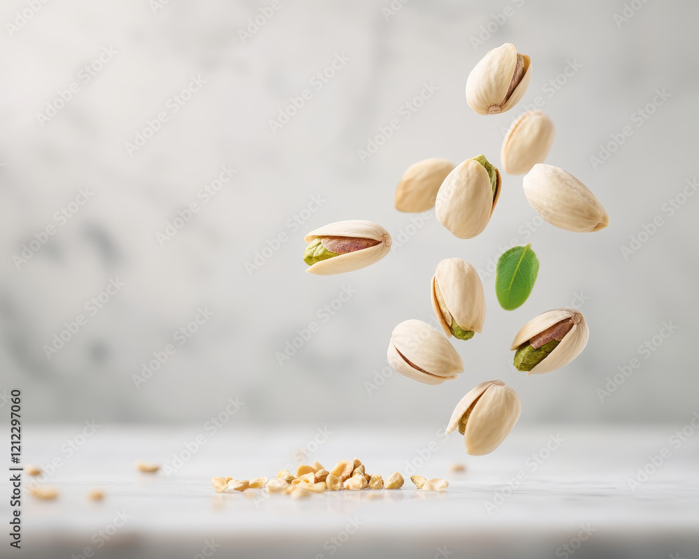 Poster pistachios dynamically floating above marble slab, illuminated by soft natural light, create clean a