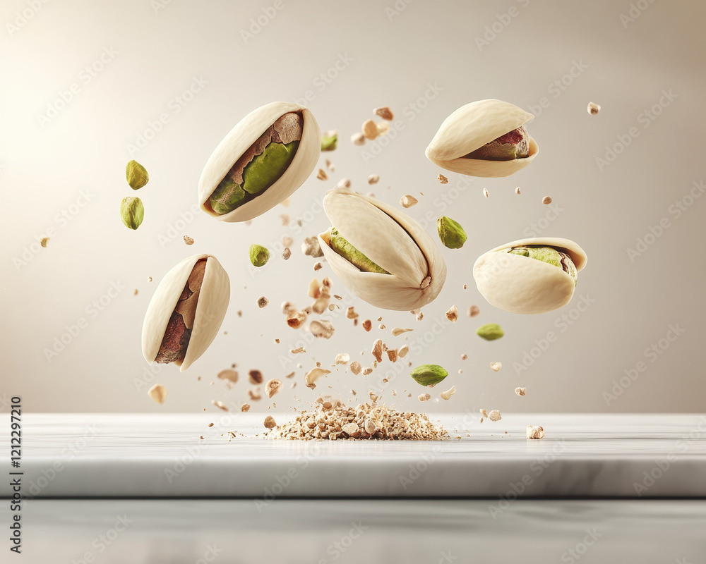Poster pistachios dynamically floating above marble slab, showcasing their vibrant colors and textures, cre