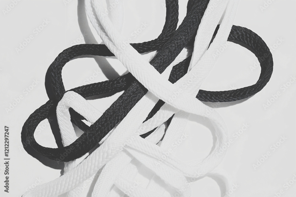 Poster black and white shoe laces: abstract image of black and white shoelaces intertwined, creating a visu