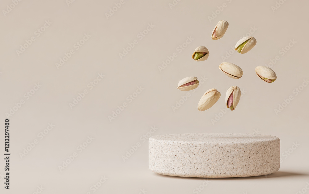 Poster pistachios levitating above minimal stone platform, creating modern and artistic display. soft backg