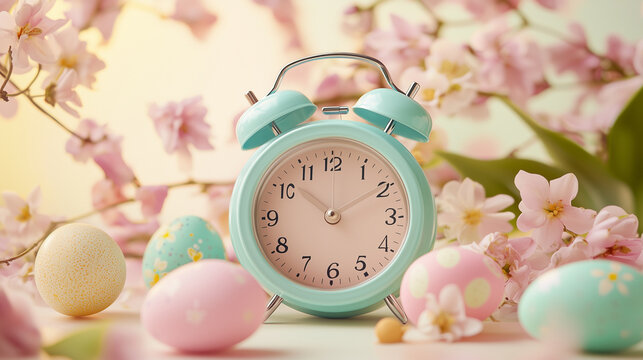 Alarm clock with flowers on a green background