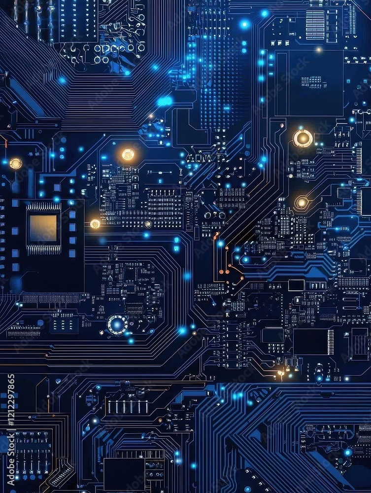 Poster the intricate design of electronic circuits found on modern computer motherboards.
