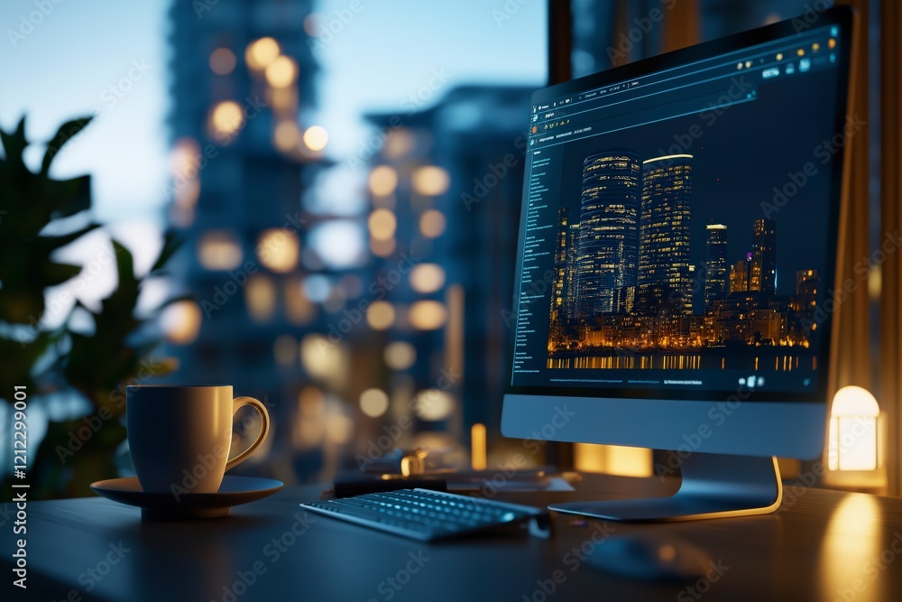 Aufkleber modern workspace with computer display showing city skyline at dusk with warm ambient light and a co
