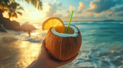 Coconut drink served in a natural coconut shell with a straw on a wooden background