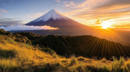 Vibrant sunlight illuminating a mountain peak at dawn, with soft pink and orange hues.