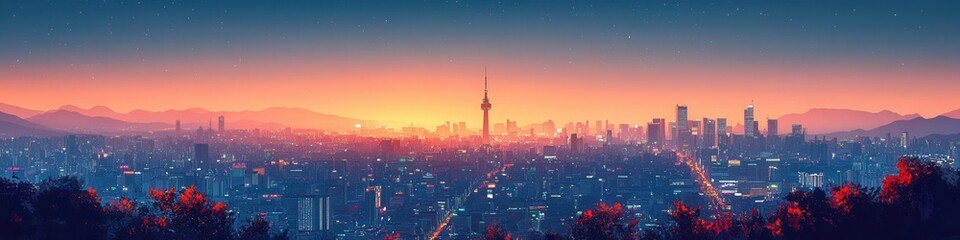 Naklejka premium Seoul skyline at dusk, featuring Namsan Tower, city lights twinkling, low poly design, vibrant urban atmosphere