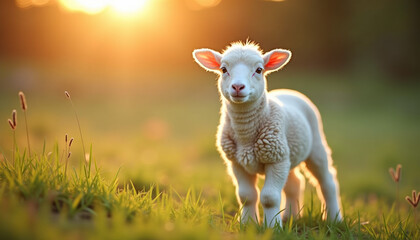Fototapeta premium Peaceful white lamb standing in a lush grassy meadow illuminated by golden sunrise light