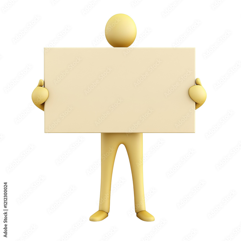 Poster A 3D rendered yellow figure is holding a large blank rectangular sign in front of a white background.