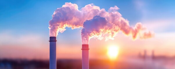 Obraz premium Towering chimneys spewing smoke into the atmosphere, worsening air quality, PM 2.5 theme