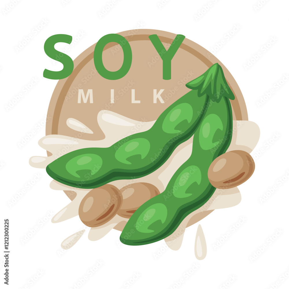 Aufkleber natural soy product from soybean plant with splashing milk and green pod with bean vector compositio