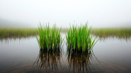 Obraz premium Fog in Nature Themed, serene wetland with tall green reeds reflecting in calm water, enveloped in light fog
