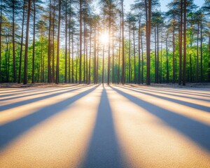 Obraz premium A serene forest scene with sunlight filtering through tall trees, casting long shadows on the ground.