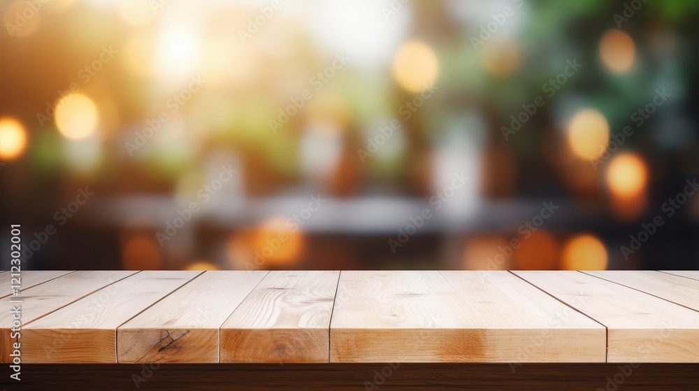 Poster empty white wood tabletop desk surface with blurred background bokeh effect ideal for product photog
