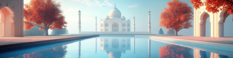 Naklejka premium Tranquil Reflection at Taj Mahal, serene waters mirror the majestic white marble structure, capturing the essence of India's architectural beauty