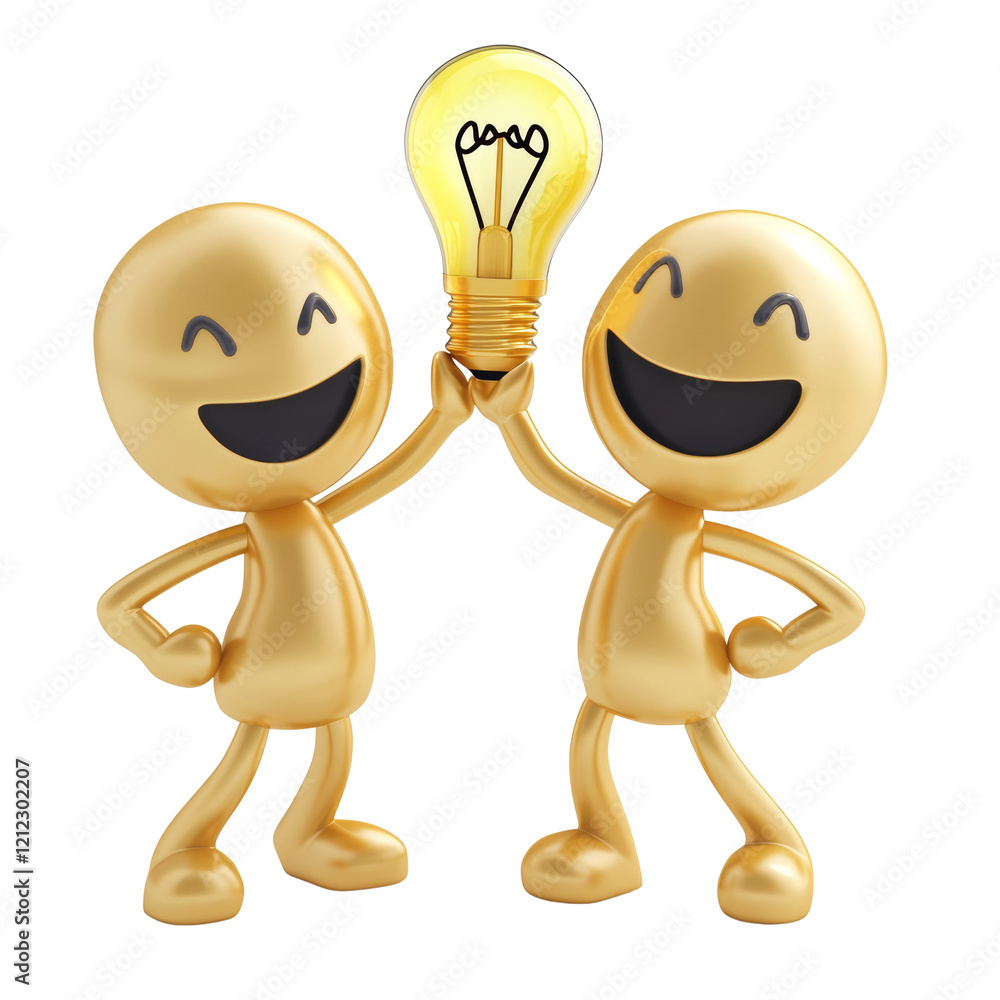 Poster two cheerful golden figures joyfully hold a lit lightbulb symbolizing collaborative success and a sh
