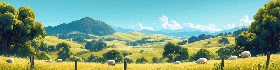 Obraz premium Tranquil New Zealand Countryside, rolling hills, grazing sheep, vibrant blue sky, serene rural landscape, idyllic pastoral scene