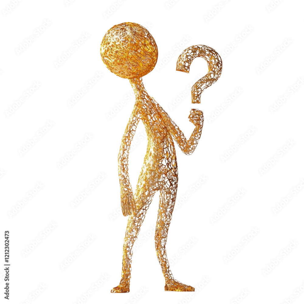 Poster a golden, wireframe figure stands thoughtfully holding a question mark, representing uncertainty and