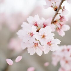 Obraz premium A close-up of delicate cherry blossom flowers in soft focus, evoking spring beauty.