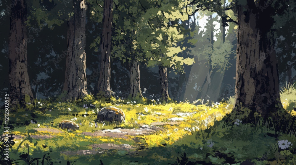 Poster sunlight filters through a forest path illuminating a clearing with dappled light and green grass