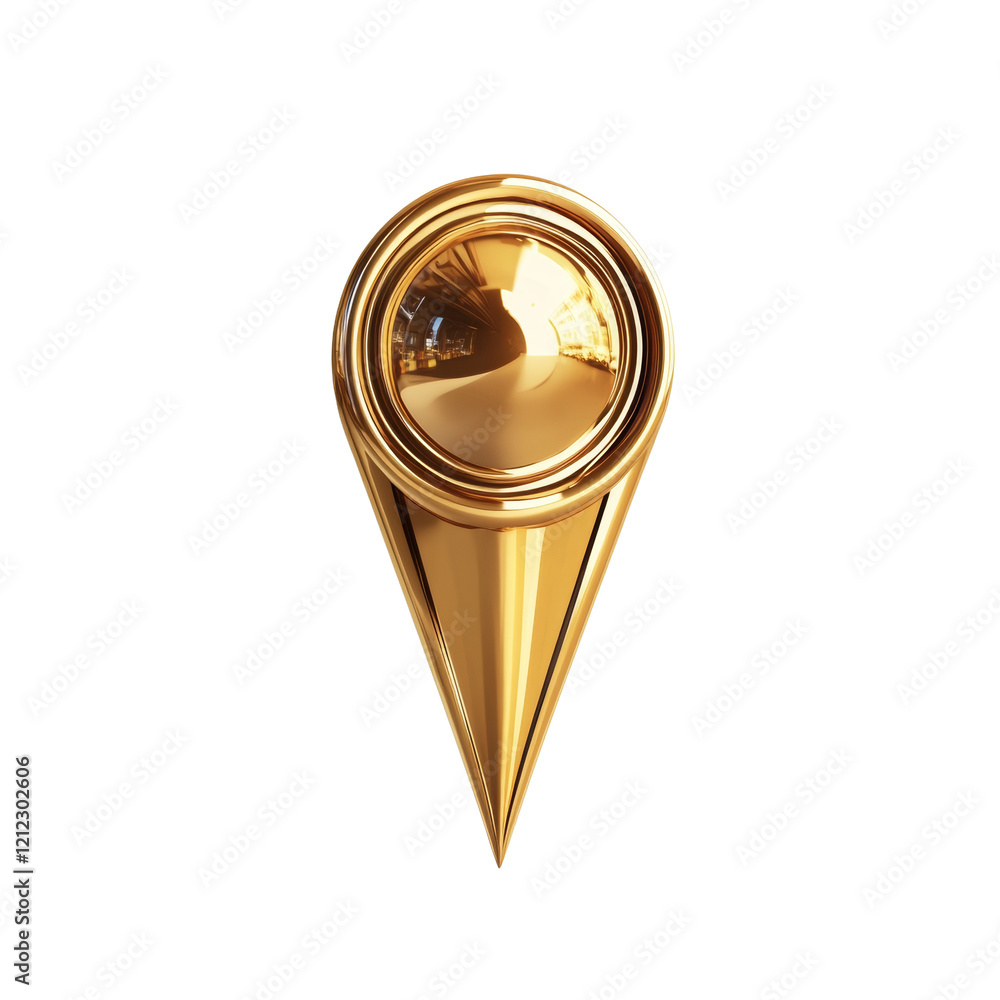 Poster A three dimensional rendering of a golden map pin on a white background.  It is a shiny, metallic object.