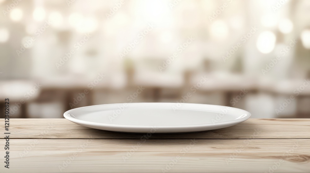 Poster empty white wood tabletop with a minimalistic plate in an elegantly blurred background setting perfe