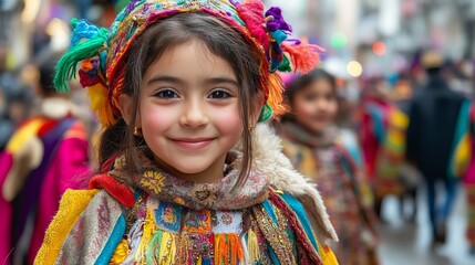 Fototapeta premium Joyful Little Girl in Colorful Dress and Headdress Surrounded by Nature Radiating Happiness and Playfulness