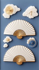 Decorative fans and clouds arranged artistically on a blue background.