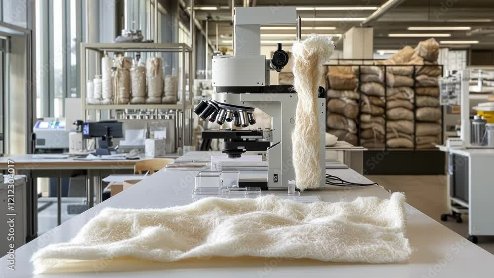 Poster detailed image of a test lab where scientists analyze organic cotton fibers under a microscope highl