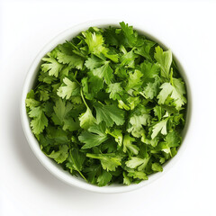 A bowl of fresh cilantro leaves on a white background