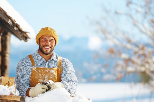 Skilled carpenter working with wood, grinning in snowy mountain setting, yellow beanie and work gear highlighting winter craftsmanship - Powered by Adobe