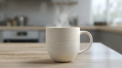 Obraz premium steaming mug sits on a wooden kitchen counter, a scene of peaceful morning warmth