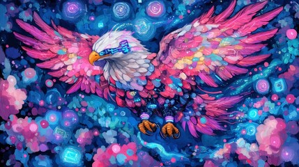 Fototapeta premium A vibrant, stylized eagle with colorful feathers soaring through a cosmic background.