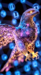 Obraz premium A vibrant, digital representation of an eagle with glowing features against a coded background.