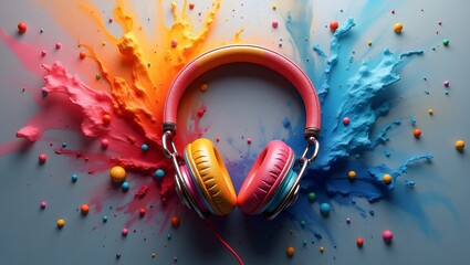 Fototapeta premium Vibrant paint strokes forming a backdrop for sleek headphones. 