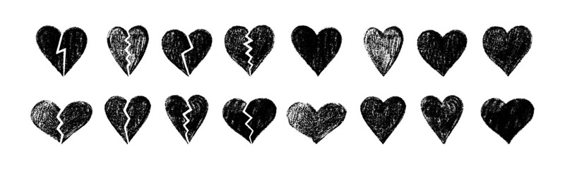 Fototapeta premium Hand-drawn black textured hearts collection with whole and broken designs