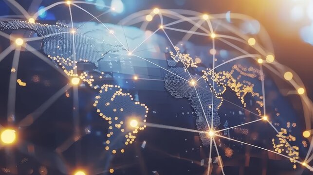 Abstract digital world map showcasing global network connections with central globe on blue canvas
