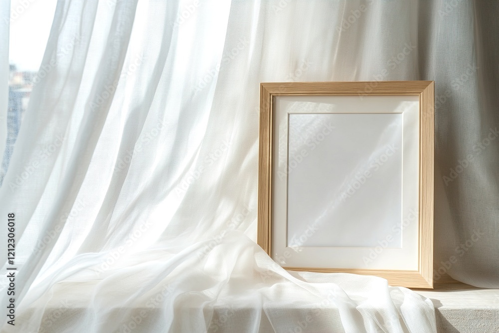 Poster a light oak picture frame rests on a windowsill, surrounded by flowing sheer white curtains illumina