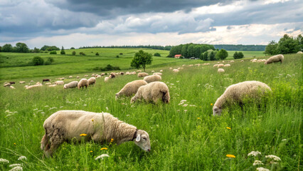 Fototapeta premium A herd of sheep grazing in a meadow