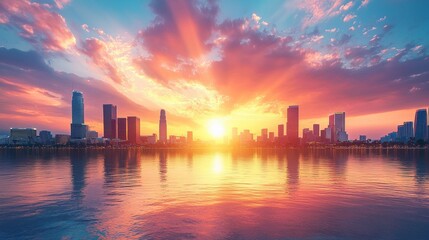 Fototapeta premium Golden hues cascade across the skyline as the sun sets, casting a magical glow over towering buildings and tranquil waters. A moment of serene beauty captures the essence of urban life
