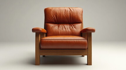 Fototapeta premium Cozy, modern leather armchair with wooden frame, set against a minimalist backdrop for interior decor