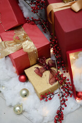 Christmas decoration in a public customer waiting room with ornament details, and gift boxes