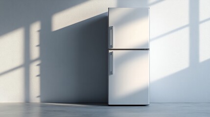 Fototapeta premium A minimalist white refrigerator with smooth edges, placed in front of a light grey background with subtle ambient lighting in 3D render