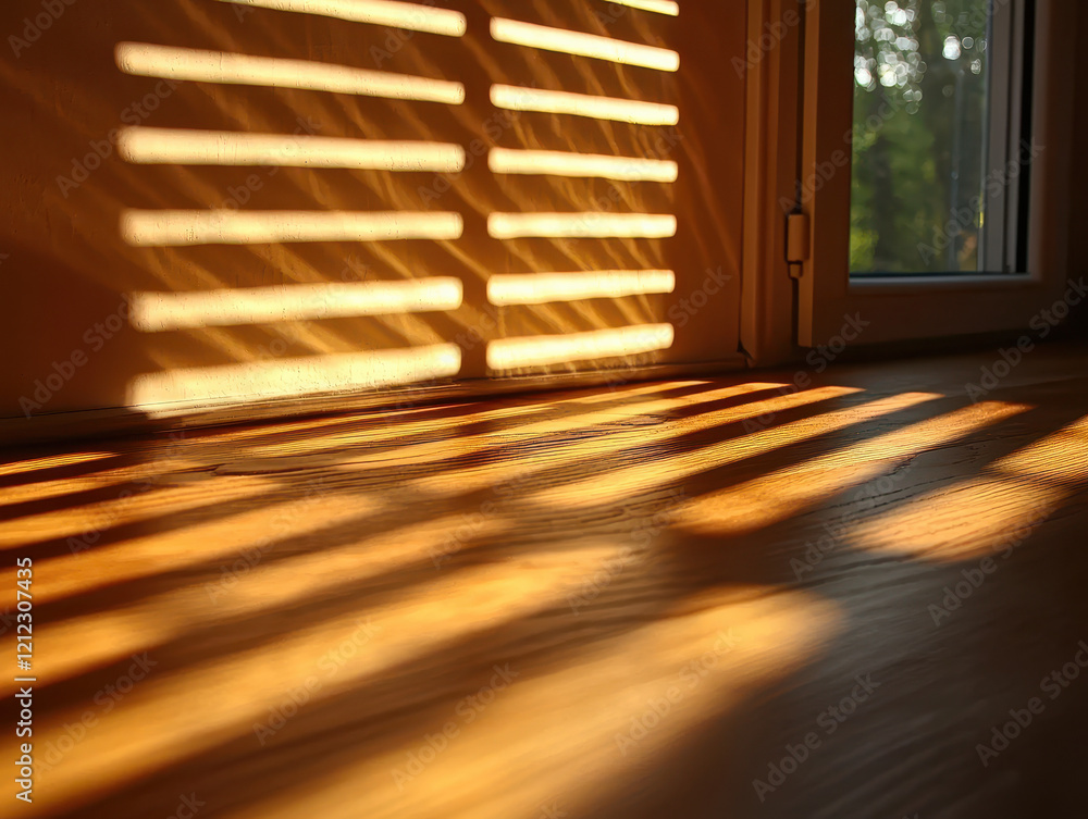Poster light filters through window blinds, creating patterns on wooden floor