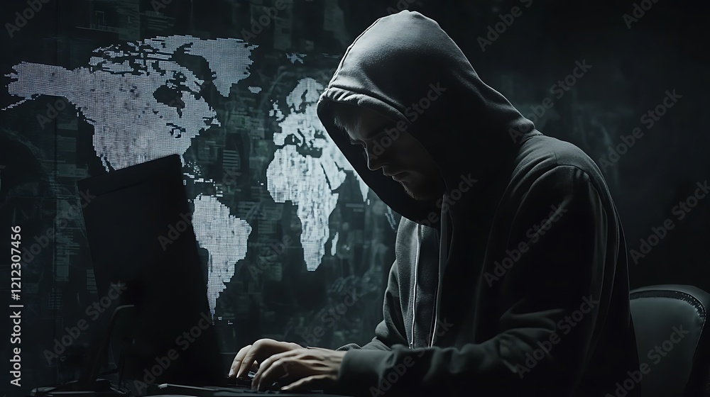 Poster cybersecurity threat: anonymous hacker working on laptop