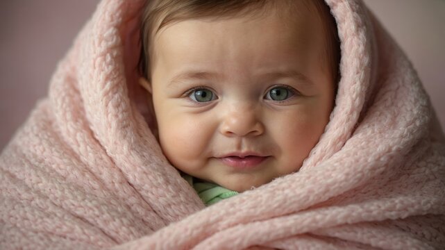 Close-up of a smiling baby with chubby cheeks, wrapped in a soft pink blanket, with bright green eyes and a softly blurred pastel background
