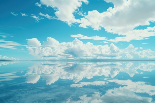 Stunning mirror reflection of sky and clouds in Bolivia.