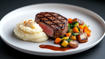 Grilled filet mignon steak served with creamy mashed potatoes and roasted vegetables.